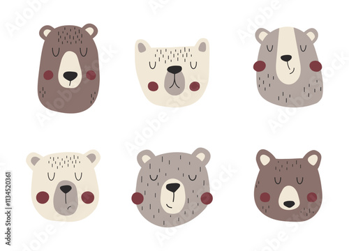Hand drawn cute bears set. Funny bear faces. Perfect for cute t-shirts, cards and posters.