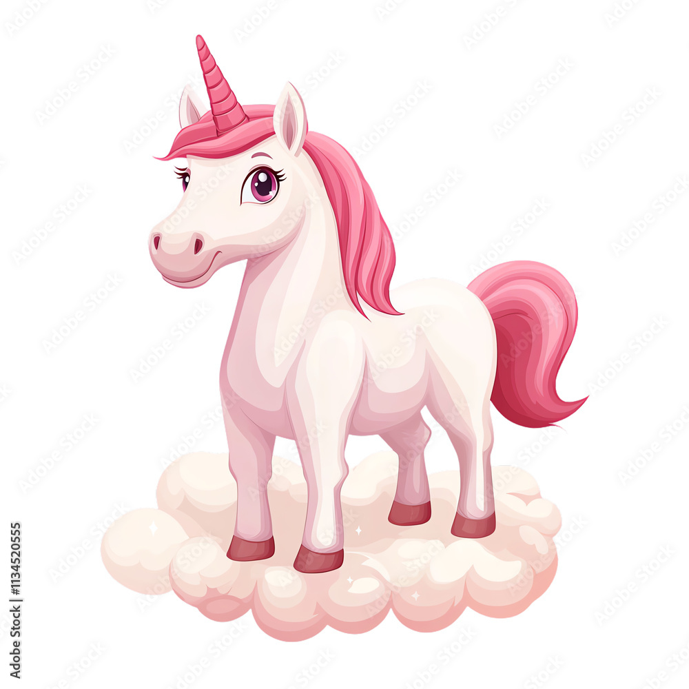 Cute pink unicorn standing on a fluffy cloud. transparent background