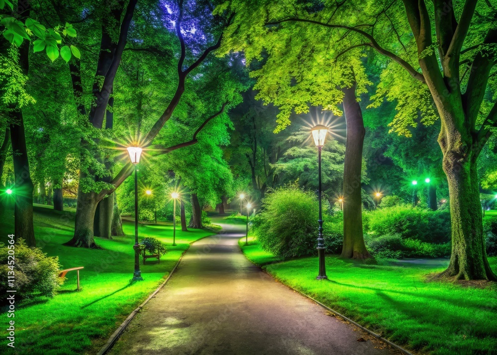 Mysterious, dark green park at night; illuminated path cuts through lush foliage, creating a serene, nighttime scene. Mysterious, dark green park at night; illuminated path cuts through lush foliage, creating a serene, nighttime scene.
