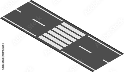 Isometric view of pedestrian crossing on asphalt road marking a safe designated area for people to cross, emphasizing road safety and urban infrastructure