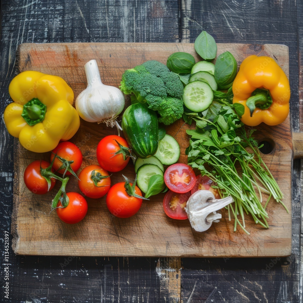 Freshly Sliced Colorful Vegetables Displayed on a Wooden Cutting Board in Bright Natural Light