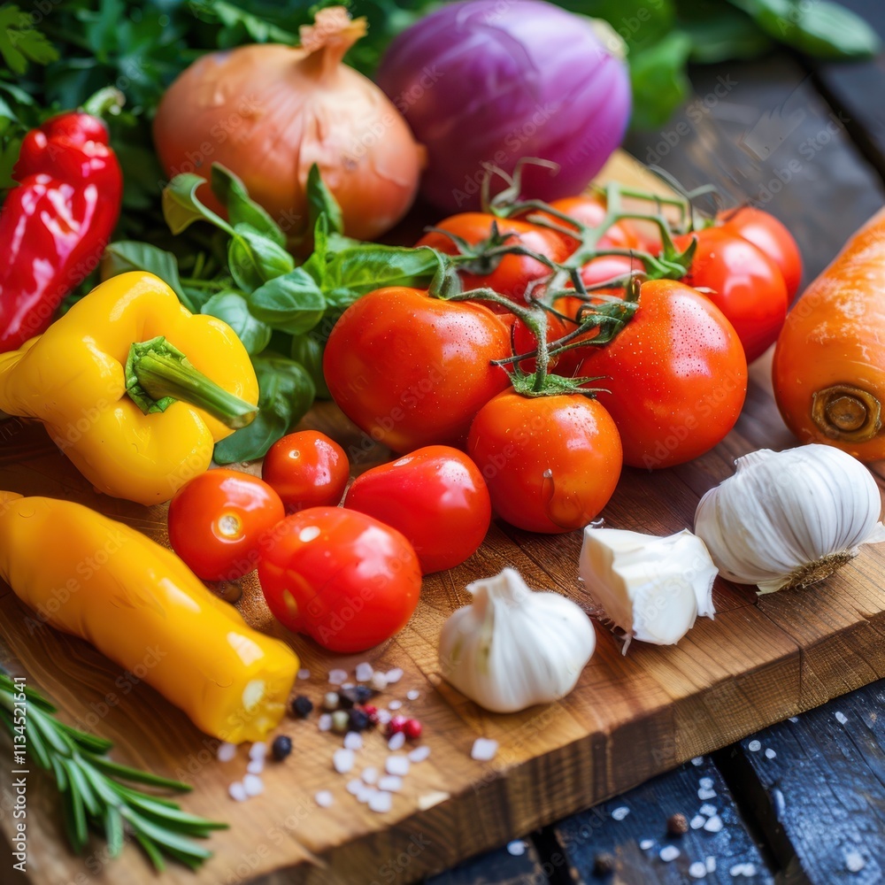 Freshly Gathered Vegetables and Herbs on a Wooden Cutting Board in a Sunlit Kitchen Freshly Gathered Vegetables and Herbs on a Wooden Cutting Board in a Sunlit Kitchen