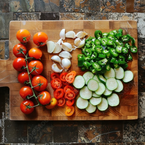 Freshly Chopped Vegetables Arranged Neatly on a Wooden Cutting Board in a Bright Kitchen