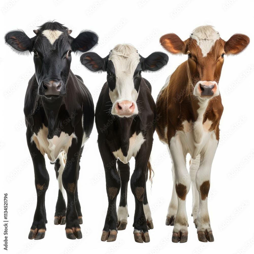 Three cows of different colors and breeds standing together against a white background Three cows of different colors and breeds standing together against a white background