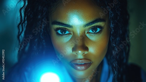 A close-up of a woman holding a flashlight, illuminated with a blue glow.