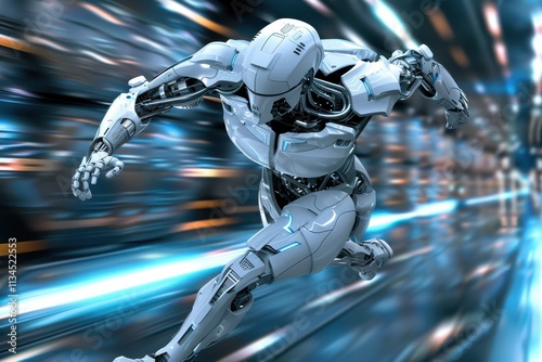 Futuristic Robot Sprinting Through a High-Tech Corridor at Incredible Speed
