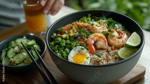 Fried Rice Dish with Shrimp and Eggs in Pastel Themed Setting photo