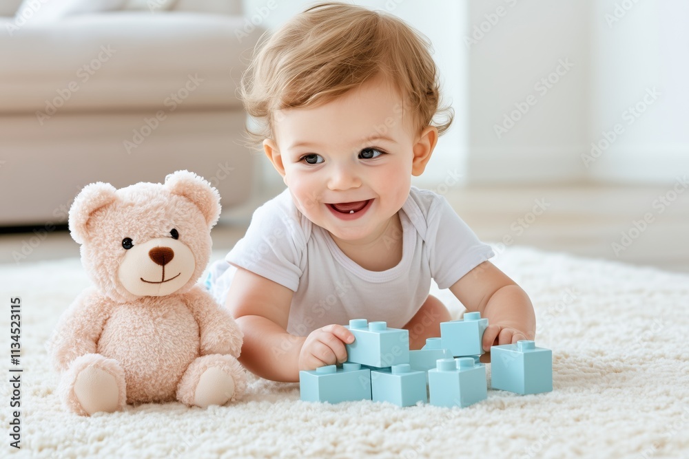 Cheerful toddler plays with turquoise building blocks and a pink teddy bear in a bright room on a cream-colored rug Cheerful toddler plays with turquoise building blocks and a pink teddy bear in a bright room on a cream-colored rug
