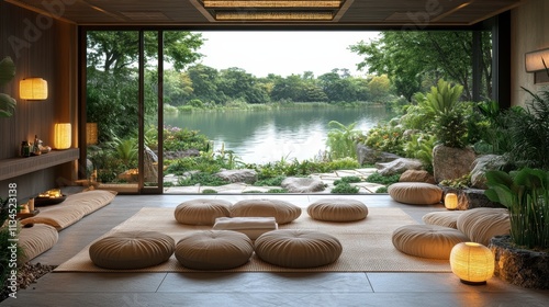Serene indoor space with cushions overlooking a tranquil lake and lush greenery.
