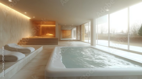 Modern spa interior featuring a hot tub, relaxation area, and large windows for natural light.