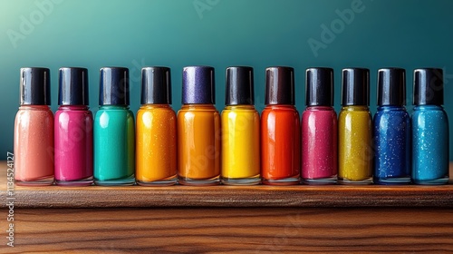 A colorful array of nail polish bottles arranged on a wooden shelf.