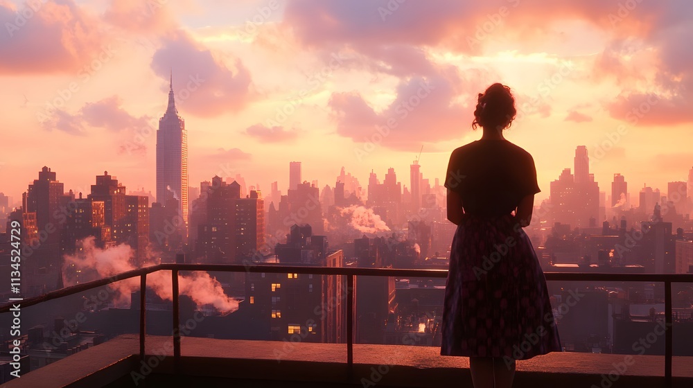 Fototapeta premium Wide shot of a woman standing on the edge of a balcony, with the city skyline behind her, evoking a sense of nostalgia and longing