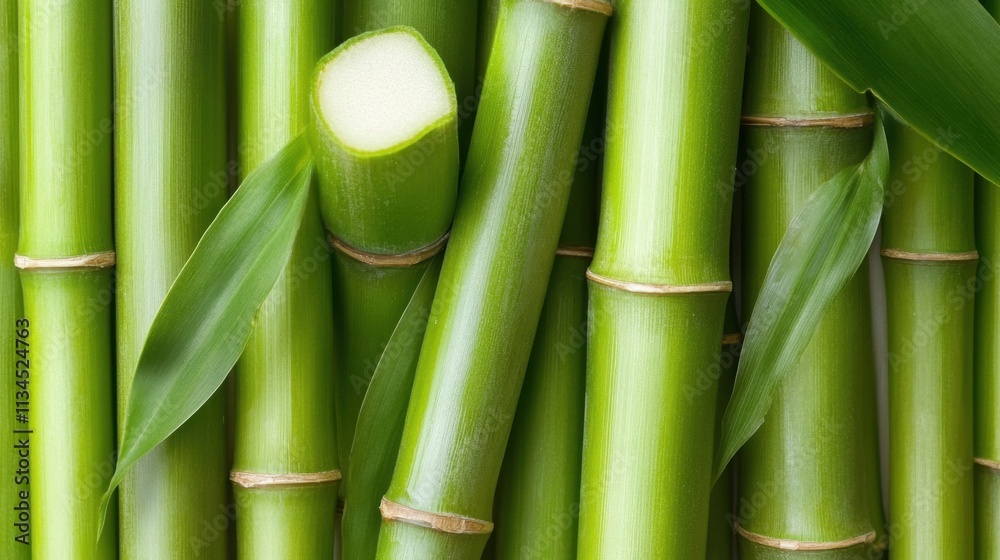 Close-up of several green bamboo canes with visible nodes and some leaves Close-up of several green bamboo canes with visible nodes and some leaves
