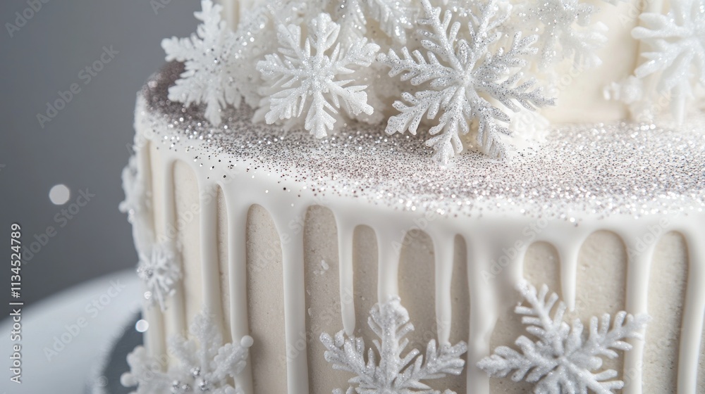 Two-tiered white cake decorated with snowflakes and silver glitter. Two-tiered white cake decorated with snowflakes and silver glitter.