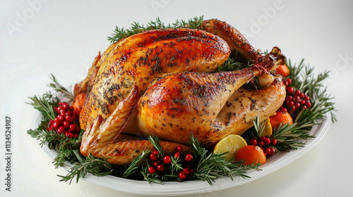 Roast Turkey Isolated on white Background, Perfect for Holiday Themes. photo