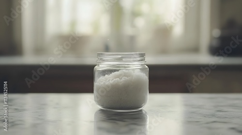 A closeup of a single glass jar filled with sea salt flakes, placed on a clean countertop, symbolizing purity and minimalism