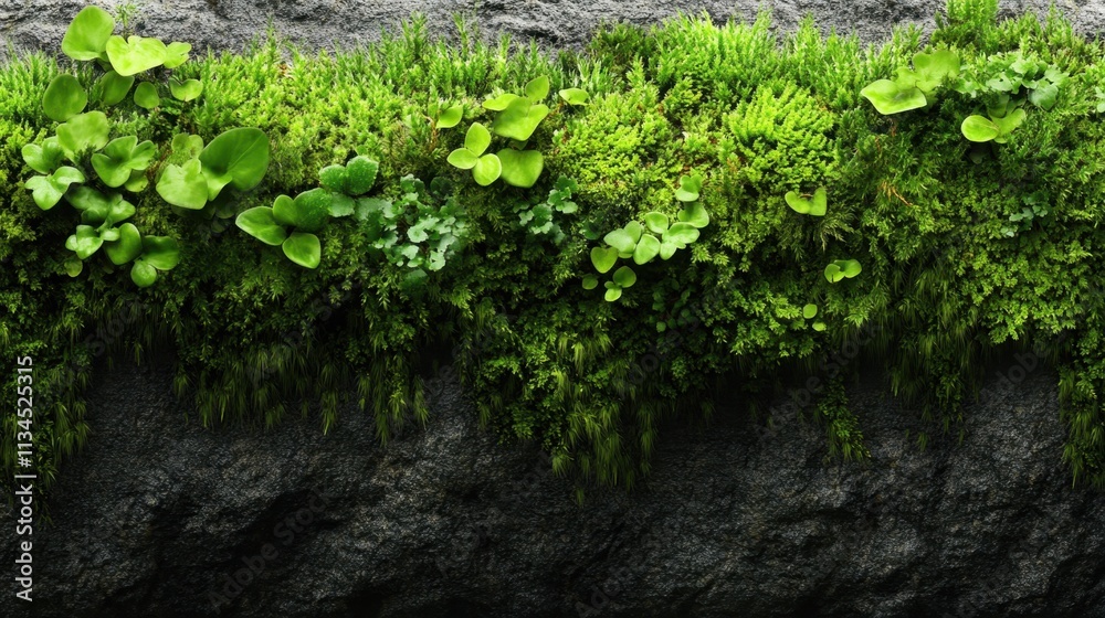 Lush, green moss-covered wall with a variety of small plants growing in it Lush, green moss-covered wall with a variety of small plants growing in it