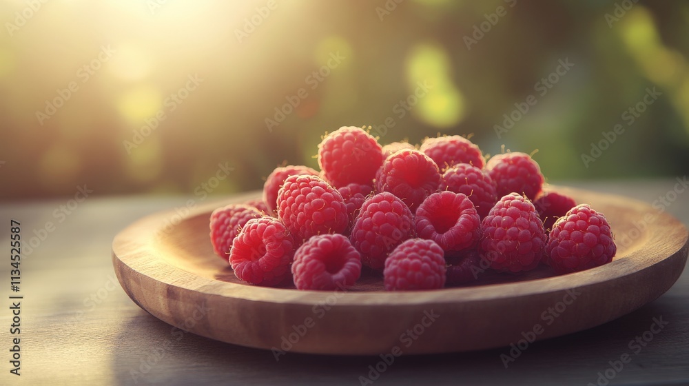 Fresh Raspberries on Wooden Plate in Kitchen Setting Fresh Raspberries on Wooden Plate in Kitchen Setting