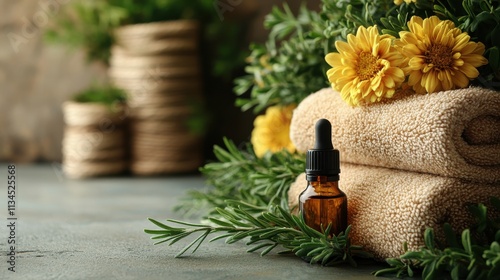 A serene spa setting featuring essential oils, towels, and fresh flowers for relaxation.