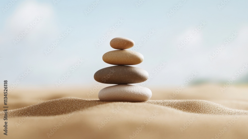 Stack of four stones balancing on top of each other in the sand against a blue sky Stack of four stones balancing on top of each other in the sand against a blue sky