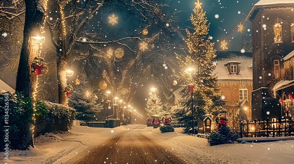 Beautiful winter cityscape in the evening with lanterns and Christmas decorations Beautiful winter cityscape in the evening with lanterns and Christmas decorations