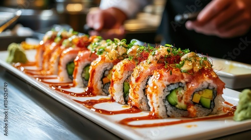 A skilled chef in a high-end restaurant kitchen carefully plating a gourmet dish. The plate features vibrant, artistically arranged ingredients, with sauces drizzled in intricate patterns. The 