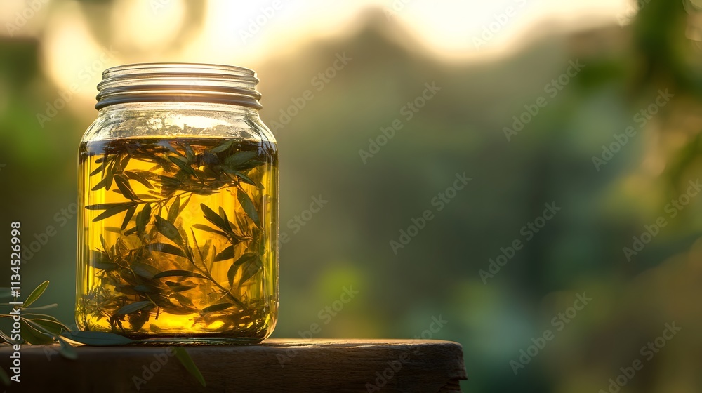 A glass jar of golden olive oil with suspended herbs, reflecting simplicity and natural elegance A glass jar of golden olive oil with suspended herbs, reflecting simplicity and natural elegance