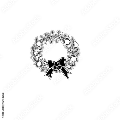 A line drawing of a black and white Christmas wreath with ornaments and a a bow at the bottom