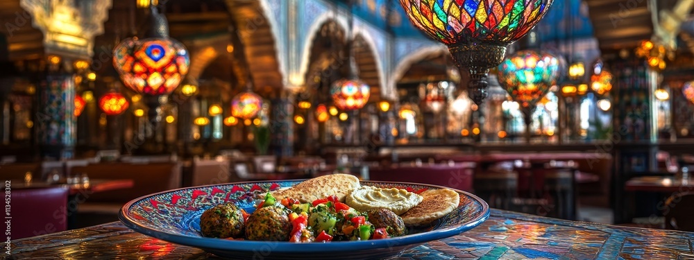 Colorful falafel plate with pita bread and hummus, set against Middle Eastern decor, highlighting traditional cuisine, food culture, and restaurant dining experience. Colorful falafel plate with pita bread and hummus, set against Middle Eastern decor, highlighting traditional cuisine, food culture, and restaurant dining experience.