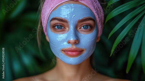 A woman with a blue facial mask and a pink headband, surrounded by lush green plants.