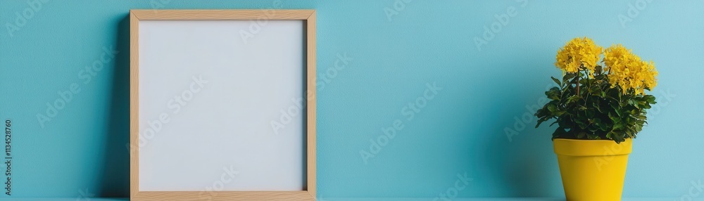Minimalist Home Decor Empty Frame Yellow Flowers Blue Wall Minimalist Home Decor Empty Frame Yellow Flowers Blue Wall