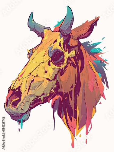 Colorful stylized skull of a horned animal, dripping paint effect. photo