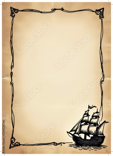 An ornate, vintage-style parchment with a ship illustration, perfect for invitations or decorative backgrounds.