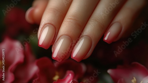 Elegant nails with a pink ombre effect against a backdrop of flowers.
