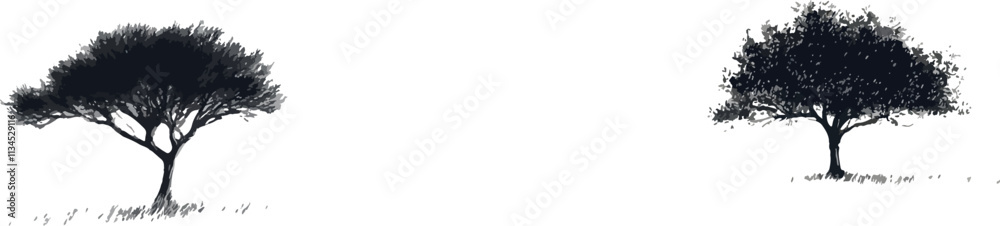 Fototapeta premium Vector Pencil Sketch Line Following Drawing Art: Tree silhouette against a minimalistic, evoking tranquility nature. isolated on white background