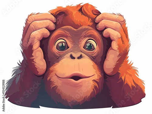Curious orangutan with hands on head. photo