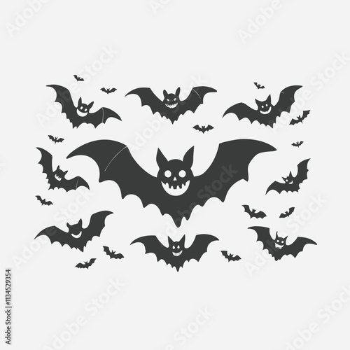 Silhouettes of flying bats traditional Halloween symbols on white background