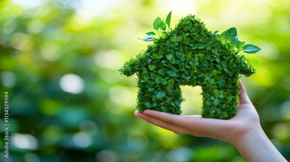 Hand holding eco-friendly house made of green plants, symbolizing sustainable home design, environmental protection, and green architecture. Hand holding eco-friendly house made of green plants, symbolizing sustainable home design, environmental protection, and green architecture.