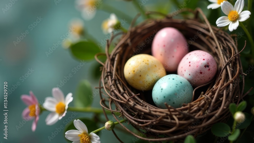 A nest of twigs with Easter eggs in pastel colors, spring flowers on a background of light stone, space for advertising, text, words A nest of twigs with Easter eggs in pastel colors, spring flowers on a background of light stone, space for advertising, text, words