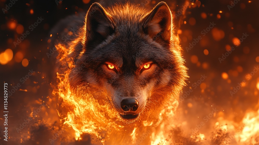 Fiery wolf with glowing eyes, engulfed in flames against a dark background.