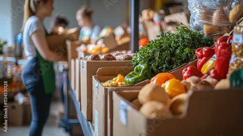 Volunteers at a local food bank organizing donations and distributing meals to families in need. Boxes filled with canned goods, fresh produce, and baked goods line the shelves, while helpers  photo