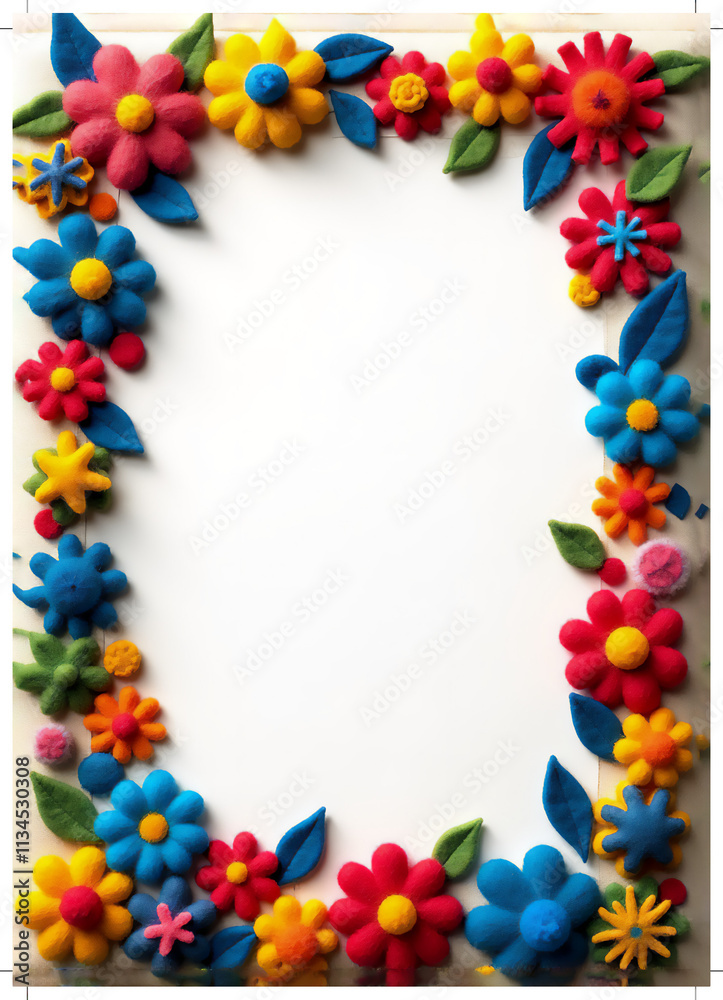 Obraz premium A vibrant and colorful floral frame made from felt flowers and leaves, perfect for creative projects and invitations.