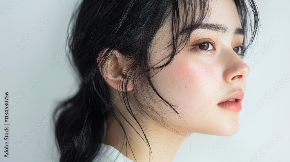 Fototapeta premium Close-up portrait of a woman with glowing skin and freckles