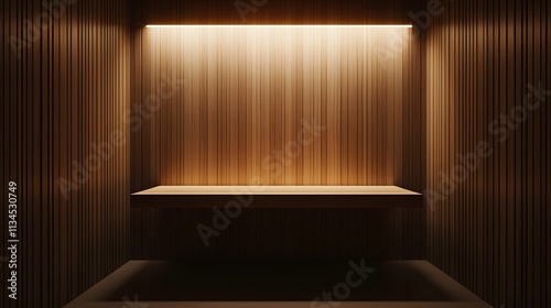 A workspace with a floating desk, soft downlight from the ceiling, and neutral wood paneling, photographed in portrait