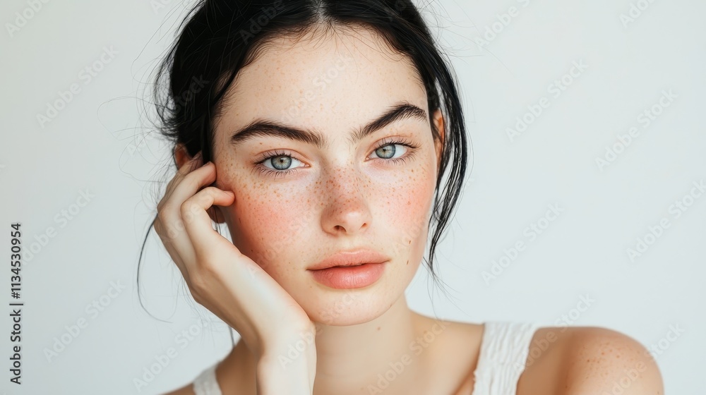 Close-up portrait of a woman with glowing skin and freckles Close-up portrait of a woman with glowing skin and freckles