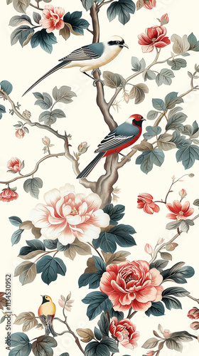 Beautiful illustration of birds perched on a tree with blossoms and colorful flowers in nature