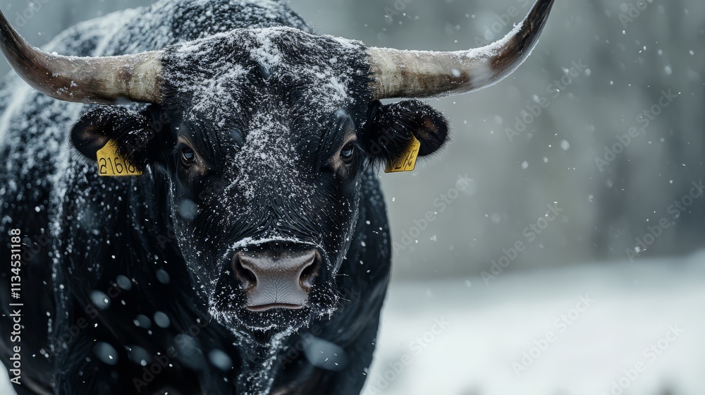 Black Angus Bull in Snowstorm: A close-up portrait of a powerful black angus bull standing in a snowstorm, its coat glistening with snowflakes and its eyes piercing through the swirling white. Black Angus Bull in Snowstorm: A close-up portrait of a powerful black angus bull standing in a snowstorm, its coat glistening with snowflakes and its eyes piercing through the swirling white.