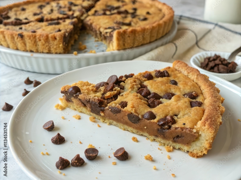 Chocolate Chip Crispy Pie Slice on Plate with Chocolate Chips Chocolate Chip Crispy Pie Slice on Plate with Chocolate Chips