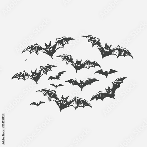 Halloween black bats flying silhouettes isolated on white background