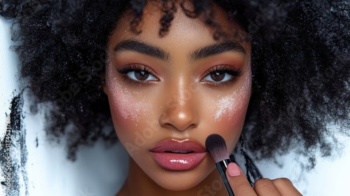 A close-up of a woman applying makeup, showcasing beauty and artistry.